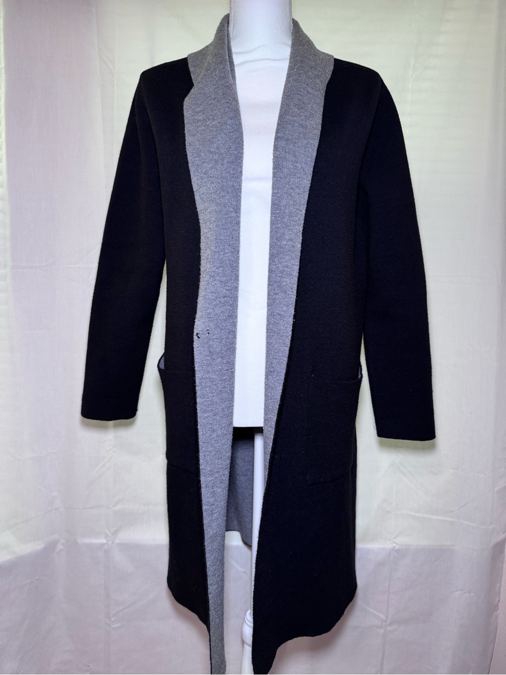 Long Open-Front Shawl Collar Cardigan Sweater - Black/Gray